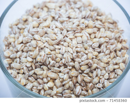 Close up of Unhulled barley in transparent glass cup 71458360