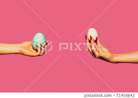 Modern art collage in pop-art style. Hands isolated on trendy colored background with copyspace, contrast Modern art collage in pop-art style. Hands isolated on trendy colored background with copyspace, contrast 71458642