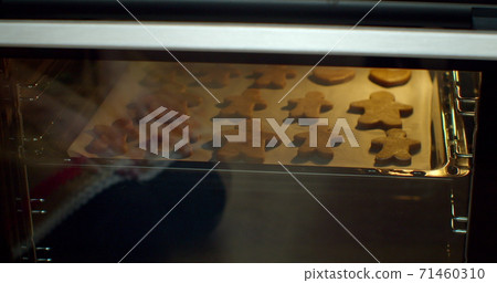 The woman puts gingerbread cookies in the oven. 71460310