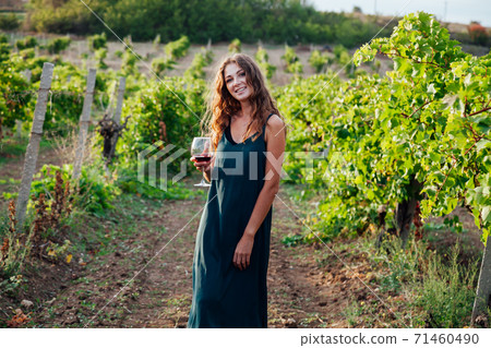 beautiful woman in dress drinks wine in vineyards beautiful woman in dress drinks wine in vineyards 71460490