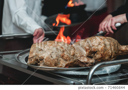 appetizing grilled meat on fire close-up. appetizing grilled meat on fire close-up. 71460844