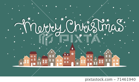 Merry christmas winter houses with snow, cute vector illustration in flat style with lettering 71461940
