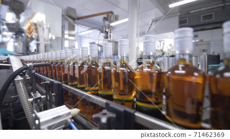 Glass bottles filled with alcoholic beverages move along conveyor line with control panel in modern distillery for bottling alcoholic beverages. Factory for bottling prune tincture. 71462369