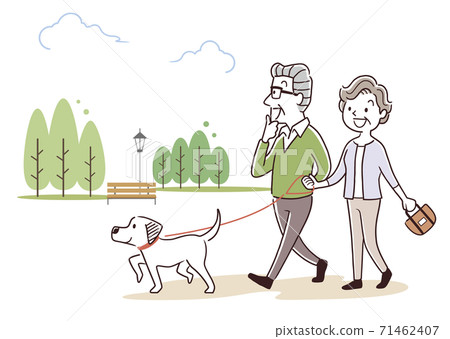 Vector Illustration Material: Senior couple walking a dog 71462407