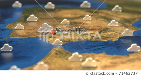 Seville city and cloudy weather icon on the map, weather forecast related 3D rendering Seville city and cloudy weather icon on the map, weather forecast related 3D rendering 71462737