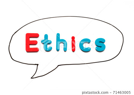Alphabet letter with word ethics in black line hand drawing as bubble speech on white board background 71463005