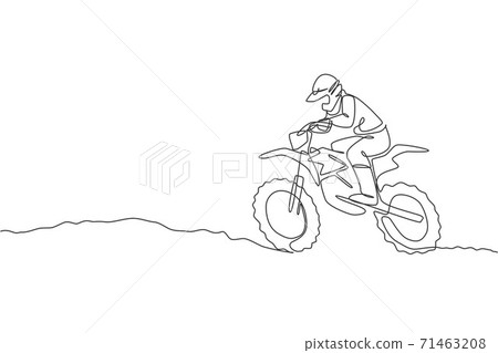 One single line drawing of young motocross rider conquer track obstacles at race track vector illustration. Extreme sport concept. Modern continuous line draw design for motocross race event banner 71463208
