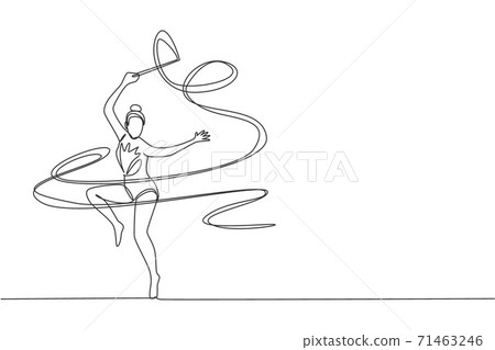 One continuous line drawing of young ballerina girl in motion. Rhythmic gymnast in leotard with ribbon. Healthy sport and active dance concept. Dynamic single line draw design vector illustration 71463246