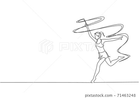 Single continuous line drawing of young beauty professional gymnast girl perform dance with ribbon. Rhythmic gymnastic training and stretching concept. Trendy one line draw design vector illustration 71463248