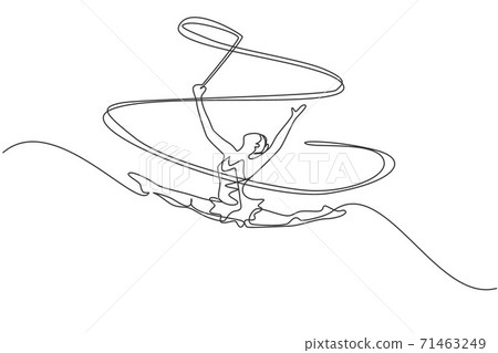 Single continuous line drawing of young beauty professional gymnast girl perform dance with ribbon. Rhythmic gymnastic training and stretching concept. Trendy one line draw design vector illustration Single continuous line drawing of young beauty professional gymnast girl perform dance with ribbon. Rhythmic gymnastic training and stretching concept. Trendy one line draw design vector illustration 71463249