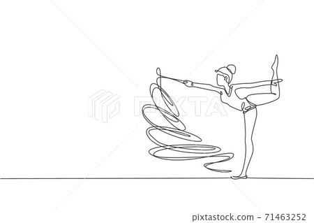 Single continuous line drawing of young beauty professional gymnast girl perform dance with ribbon. Rhythmic gymnastic training and stretching concept. Trendy one line draw design vector illustration 71463252