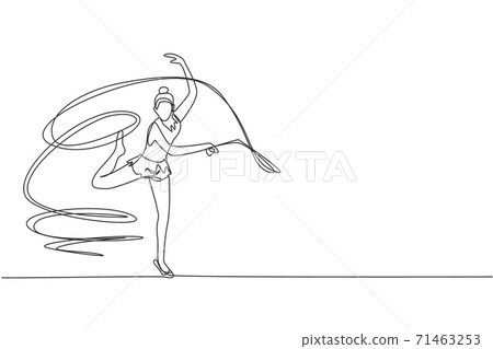 One single line drawing young beauty gymnast girl exercising rhythmic gymnastics with ribbon graphic vector illustration. Healthy teen lifestyle and sport concept. Modern continuous line draw design 71463253