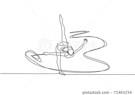 Single continuous line drawing of young beauty professional gymnast girl perform dance with ribbon. Rhythmic gymnastic training and stretching concept. Trendy one line draw design vector illustration 71463254