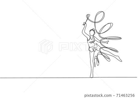 One continuous line drawing of young ballerina girl in motion. Rhythmic gymnast in leotard with ribbon. Healthy sport and active dance concept. Dynamic single line draw design vector illustration One continuous line drawing of young ballerina girl in motion. Rhythmic gymnast in leotard with ribbon. Healthy sport and active dance concept. Dynamic single line draw design vector illustration 71463256