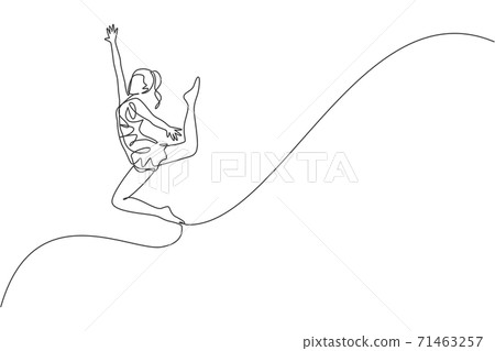 One single line drawing of young beauty gymnast girl exercise floor rhythmic gymnastic at gym vector illustration. Healthy athlete teen lifestyle and sport concept. Modern continuous line draw design 71463257