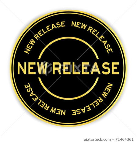 Black and gold color round sticker with word new release on white background Black and gold color round sticker with word new release on white background 71464361