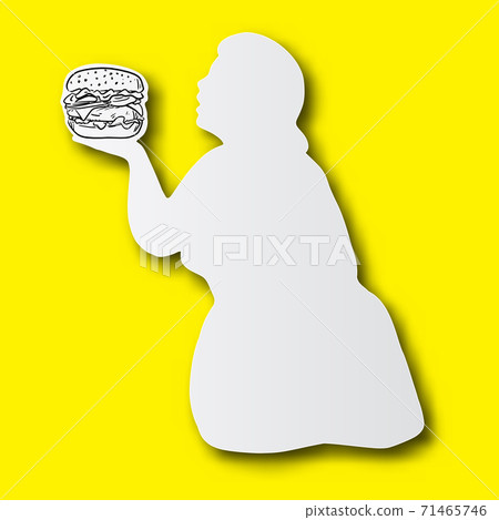 black line hand drawn of hamburger on fat woman shape cut paper with shadow isolated on yellow background. Unhealthy food concept. black line hand drawn of hamburger on fat woman shape cut paper with shadow isolated on yellow background. Unhealthy food concept. 71465746