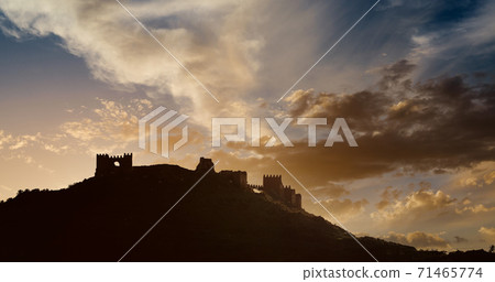 Silhouette of an Tabernas castle at sunset. Spain 71465774