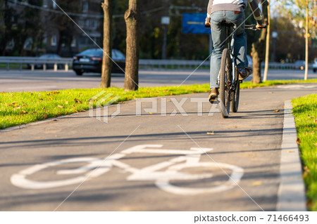 Cycle path in the city park. Bicycle sign on the road 71466493
