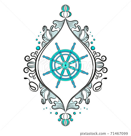 Steering wheel of the ship. In a beautiful frame. Vector illustration isolated on white background. 71467099