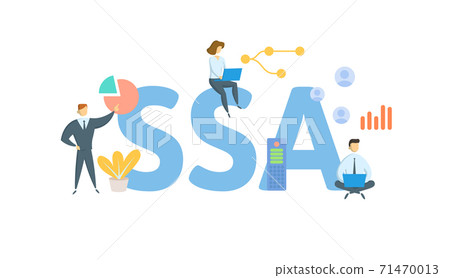 SSA, Social Security Administration. Concept with keywords, people and icons. Flat vector illustration. Isolated on white. 71470013