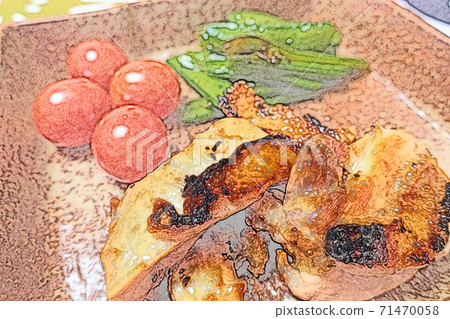 Home-cooked and simple home-cooked local chicken from Shiga prefecture "Tankai local chicken yakitori" Colored pencil drawing style 71470058