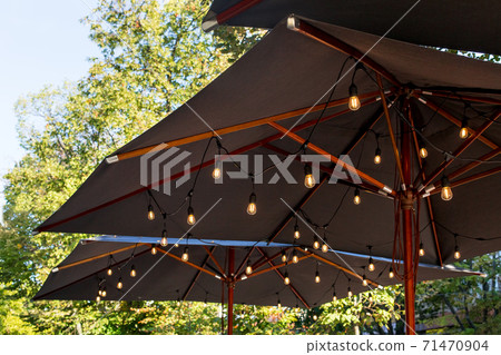 textile umbrella with a wooden frame and edison pendant lamps glowing with warm light on a backyard terrace against a background of green trees with a sky, nobody. 71470904