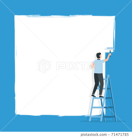 Worker on ladder paints a wall. Space for text. 71471785