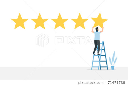 Positive review evaluation. Man stands on ladder and gives five star. Positive review evaluation. Man stands on ladder and gives five star. 71471786
