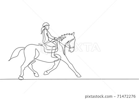 One continuous line drawing of young horse rider woman in action. Equine run training at racing track. Equestrian sport competition concept. Dynamic single line draw design graphic vector illustration 71472276