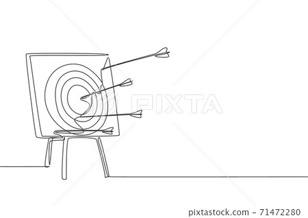 One continuous line drawing of arrows was shoot to an archery target board. Archery sport training and exercising concept. Dynamic single line draw design vector graphic illustration 71472280