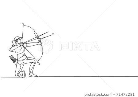 Single continuous line drawing of young professional archer woman focus aiming archery target. Archery sport exercise with the bow concept. Trendy one line draw design vector illustration graphic 71472281