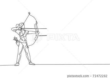 Single continuous line drawing of young professional archer woman focus aiming archery target. Archery sport exercise with the bow concept. Trendy one line draw design graphic vector illustration 71472282