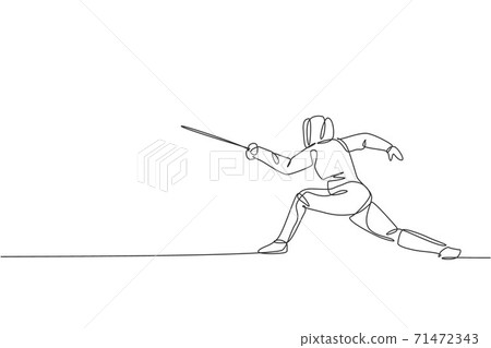 Single continuous line drawing young professional fencer athlete man in fencing mask and rapier. Competitive fighting sport competition concept. Trendy one line draw design graphic vector illustration 71472343