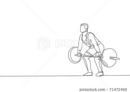 One single line drawing of fit young athlete muscular man lifting barbells working out at a gym vector illustration. Weightlifter preparing for training concept. Modern continuous line draw design 71472400
