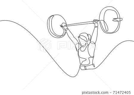 One single line drawing of fit young athlete muscular woman lifting barbells working out at a gym vector illustration. Weightlifter preparing for training concept. Modern continuous line draw design