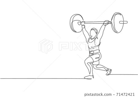 One continuous line drawing of young bodybuilder man doing exercise with a heavy weight bar in gym. Powerlifter train weightlifting concept. Dynamic single line draw design vector graphic illustration 71472421