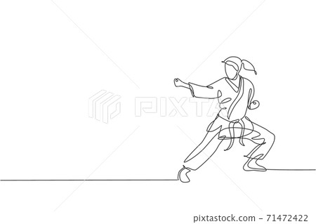 One single line drawing of young sporty karateka girl in fight uniform with belt exercising martial art at gym vector illustration. Healthy sport lifestyle concept. Modern continuous line draw design 71472422