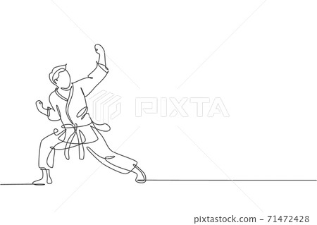 One single line drawing of young sporty karateka man in fight uniform with belt exercising martial art at gym vector illustration. Healthy sport lifestyle concept. Modern continuous line draw design One single line drawing of young sporty karateka man in fight uniform with belt exercising martial art at gym vector illustration. Healthy sport lifestyle concept. Modern continuous line draw design 71472428