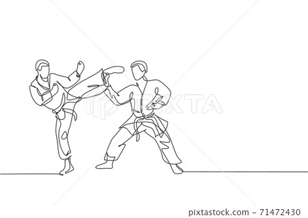 One continuous line drawing of two young talented karateka men train pose for duel fighting at dojo gym center. Mastering martial art sport concept. Dynamic single line draw design vector illustration 71472430