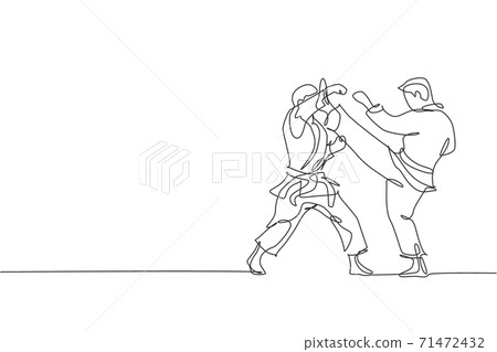One single line drawing of two young sporty karateka men in fight uniform with belt exercising martial art at gym vector illustration. Healthy sport lifestyle concept. Modern continue line draw design 71472432