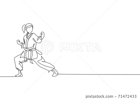 One single line drawing of young sporty karateka girl in fight uniform with belt exercising martial art at gym vector illustration. Healthy sport lifestyle concept. Modern continuous line draw design 71472433