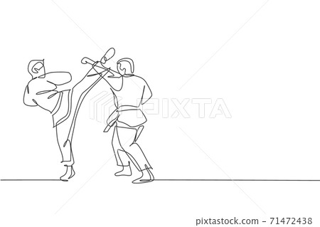 Single continuous line drawing two young confident karateka men in kimono practicing karate combat at dojo. Martial art sport training concept. Trendy one line draw graphic design vector illustration 71472438