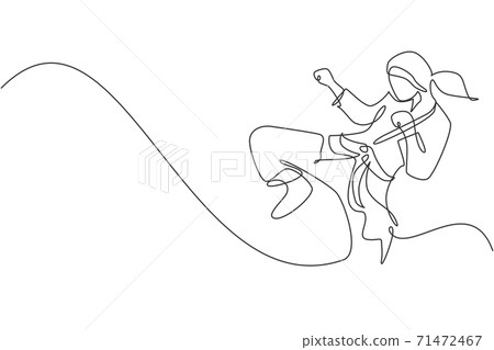 One single line drawing of young sporty karateka girl in fight uniform with belt exercising martial art at gym vector illustration. Healthy sport lifestyle concept. Modern continuous line draw design 71472467