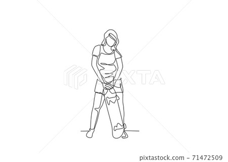 One continuous line drawing young cool skateboarder woman holding skateboard and pose stylish in skatepark. Extreme teenager sport concept. Dynamic single line draw design vector graphic illustration One continuous line drawing young cool skateboarder woman holding skateboard and pose stylish in skatepark. Extreme teenager sport concept. Dynamic single line draw design vector graphic illustration 71472509