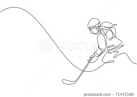 One continuous line drawing of young professional ice hockey player exercising and practicing on ice rink stadium. Healthy extreme sport concept. Dynamic single line draw design vector illustration One continuous line drawing of young professional ice hockey player exercising and practicing on ice rink stadium. Healthy extreme sport concept. Dynamic single line draw design vector illustration 71472580