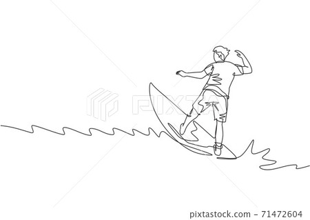 One single line drawing of young sporty surfer man riding on big waves in surfing beach paradise vector graphic illustration. Extreme water sport lifestyle concept. Modern continuous line draw design 71472604