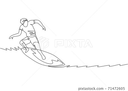 One continuous line drawing young happy tourist surfer exercising surfing on wavy ocean. Healthy extreme watersport concept. Summer holiday. Dynamic single line draw design vector illustration graphic One continuous line drawing young happy tourist surfer exercising surfing on wavy ocean. Healthy extreme watersport concept. Summer holiday. Dynamic single line draw design vector illustration graphic 71472605