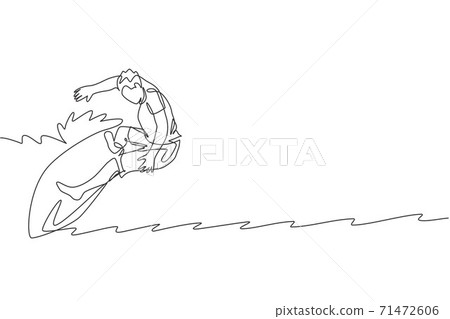 One continuous line drawing young happy tourist surfer exercising surfing on wavy ocean. Healthy extreme watersport concept. Summer holiday. Dynamic single line draw design vector graphic illustration 71472606