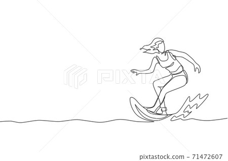 Single continuous line drawing young professional surfer in action riding the waves on blue ocean. Extreme watersport concept. Summer vacation. Trendy one line draw design graphic vector illustration 71472607